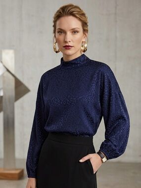 Roseanna Navy Mock-Neck Satin Jacquard Blouse
